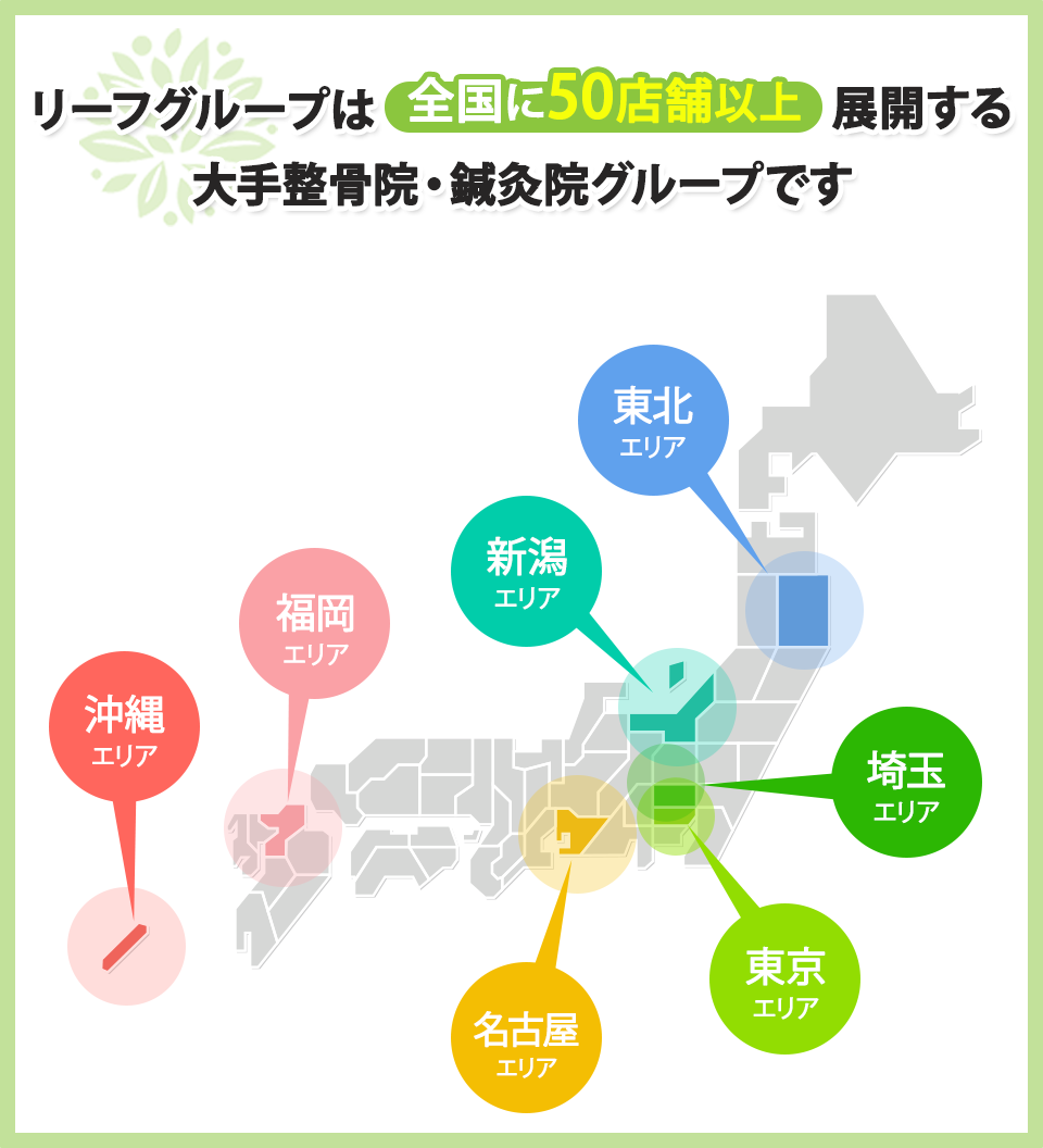 リーフグループは全国に50店舗以上展開する大手整骨院・鍼灸院グループです